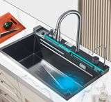 Luxe roestvrijstalen spoelbak met digitale kraan – 75 x 45 cm | Gun Grey | Opbouw | Watervalafvoer & zeepdispenser