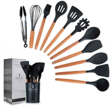ChefEase – 12-delige Siliconen Keukengerei Set met Houten Handvat