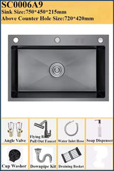 Luxe Zwarte Multifunctionele Keukenspoelbak – 304 RVS | 68 of 75 cm | Met Flying Rain Uittrekbare Kraan & Accessoires