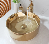 Luxe Handgeschilderde Keramische Wastafel met Gouden Kraan – Rond