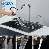 Luxe roestvrijstalen spoelbak met digitale kraan – 75 x 45 cm | Gun Grey | Opbouw | Watervalafvoer & zeepdispenser